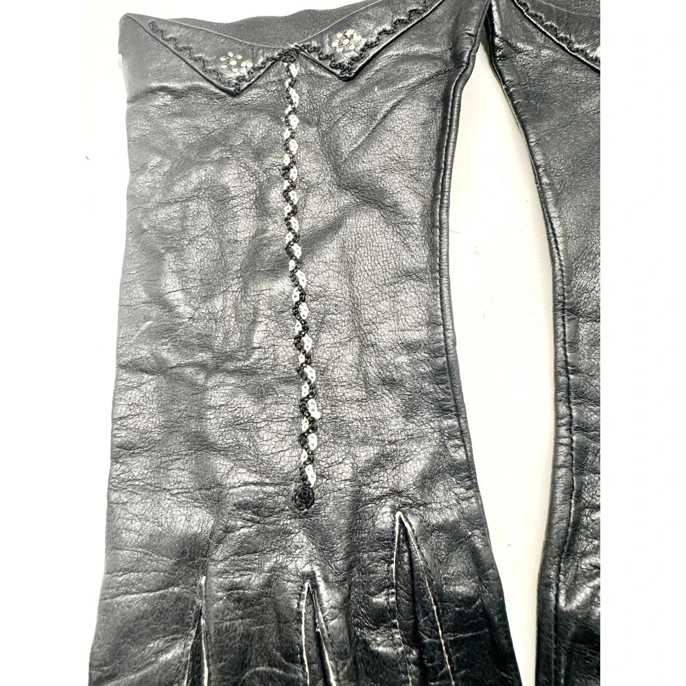 Vintage Black Leather Gloves Embellishd Floral Detail Mid Century Size 7 Fair‎